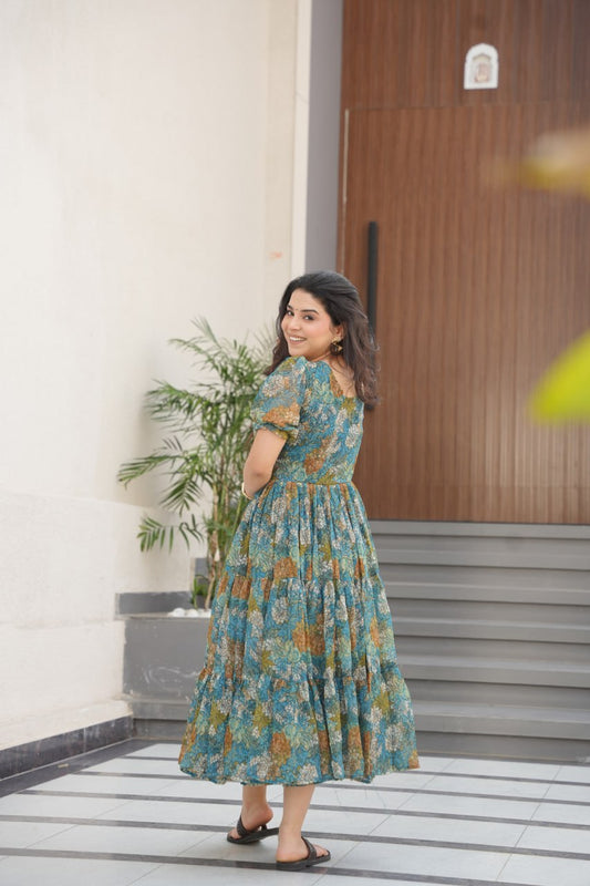 Desirable Women's Full Flair Gown Made With Faux Georgette Fabrics With Print