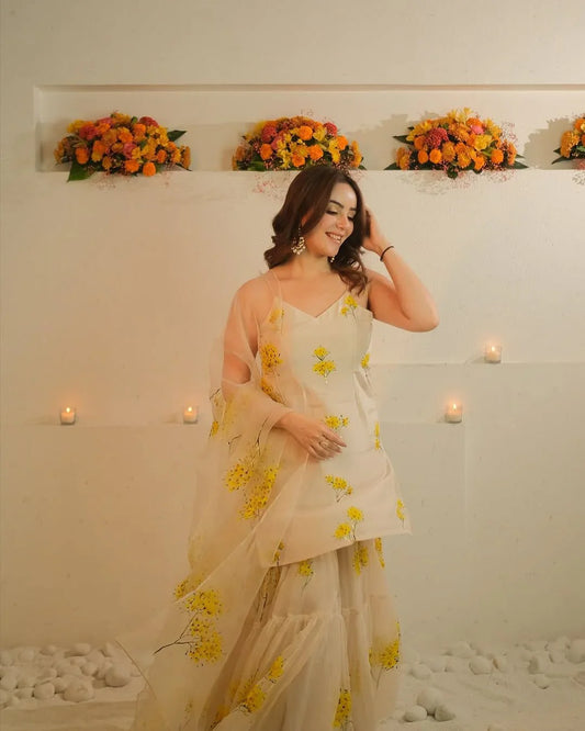 Designer Organza Yellow Color Sharara Suit