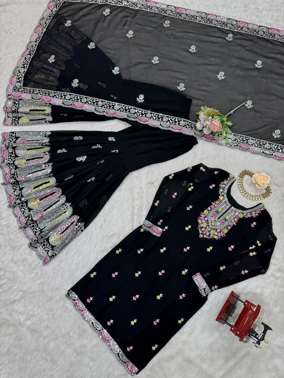 Delightful Heavy Work Black Color Sharara Suit