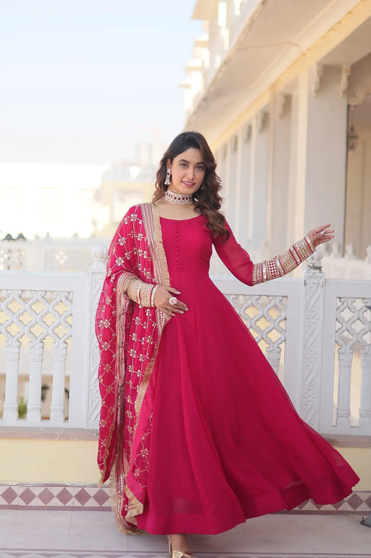 Outstanding Pink Color  Sequins Embroidered Long Anarkali Gown