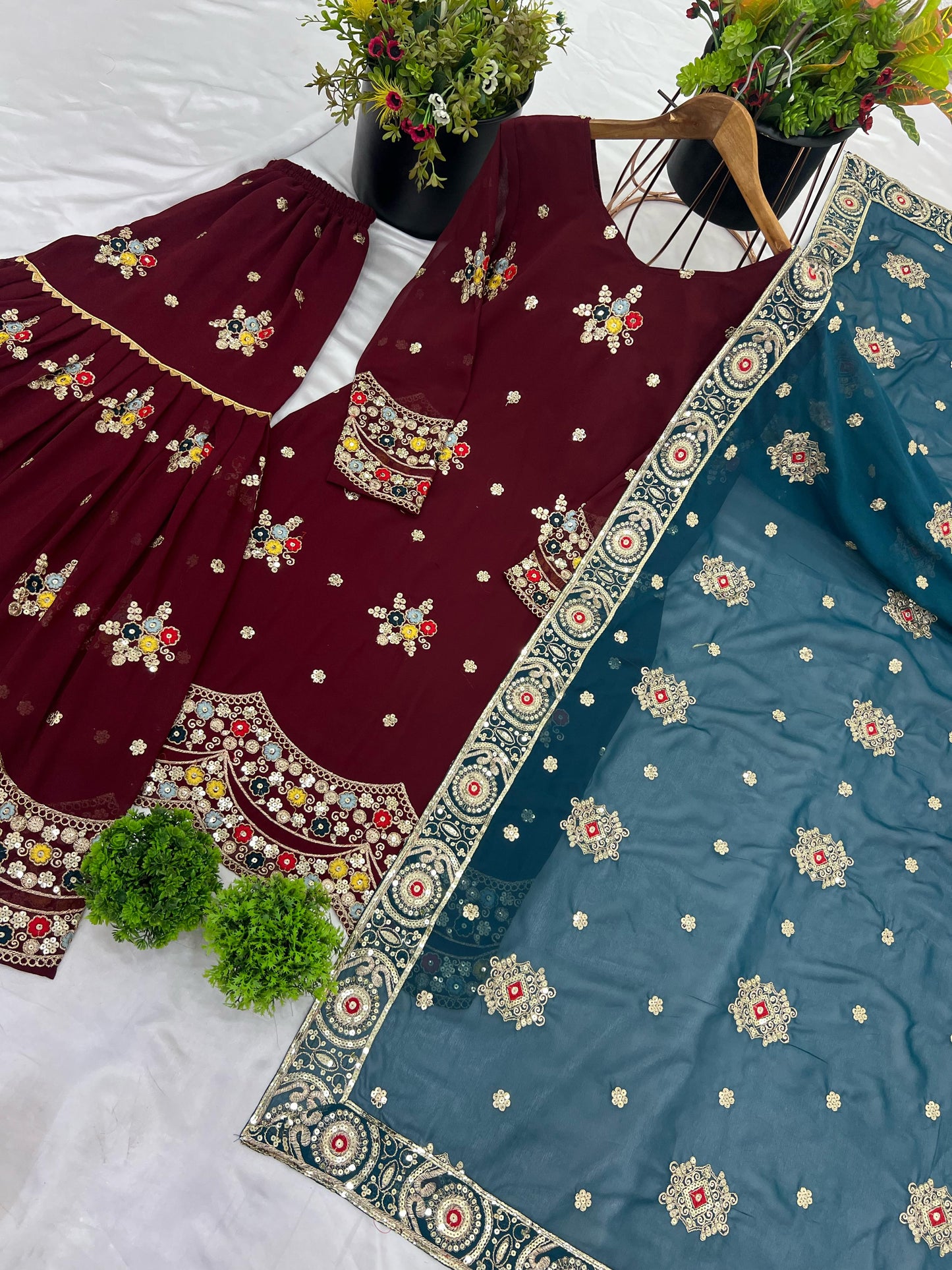 Mesmerizing Maroon Color Sharara Suit With Dupatta