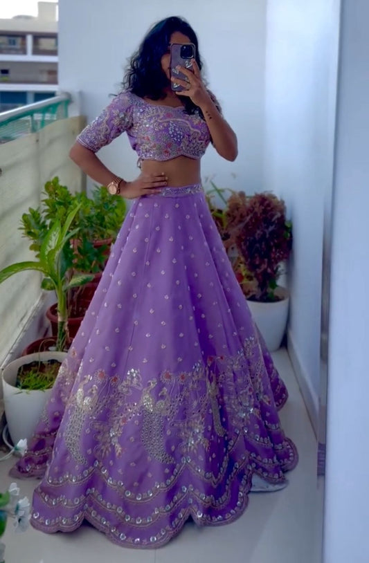 Traditional Wear Embroidery Work Lavender Color Lehenga Choli