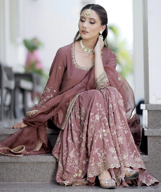 Exotic Chinon Silk Embroidery Work Pink Color Sharara Suit
