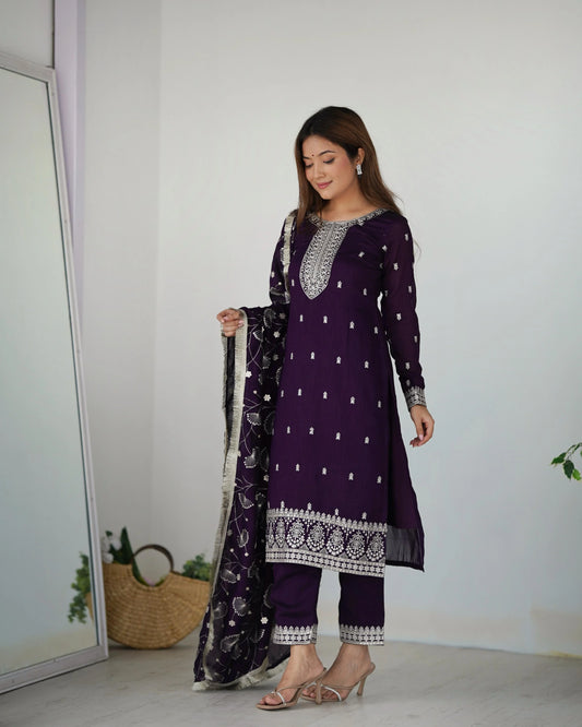 Attractive Wine Color Color Rangoli Silk Fabric Kurta With Dupatta Set