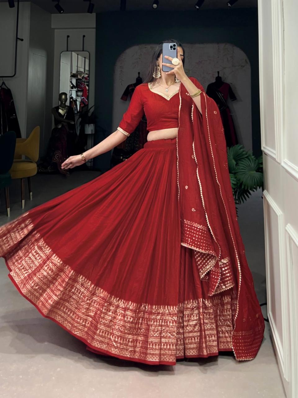 Pure Chanderi Plain Lehenga with Intricate Zari Work Border,