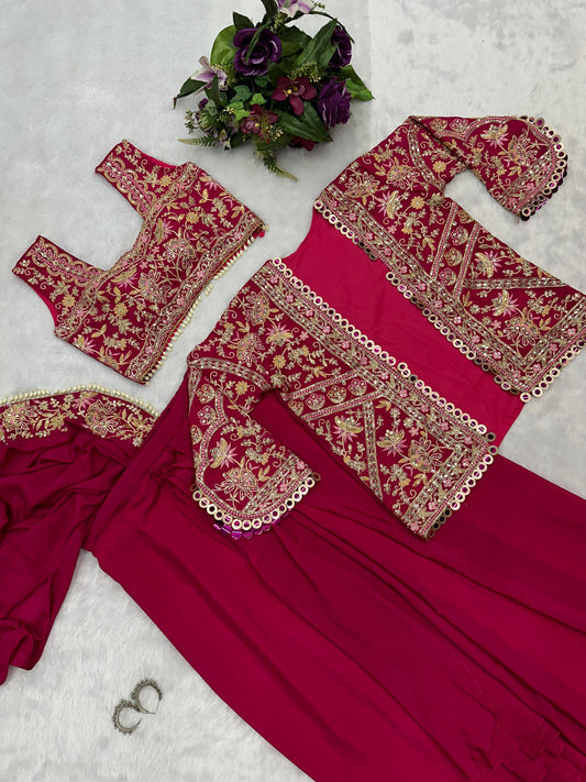 Presenting Embroidery Work Pink Color Ready To Wear Saree