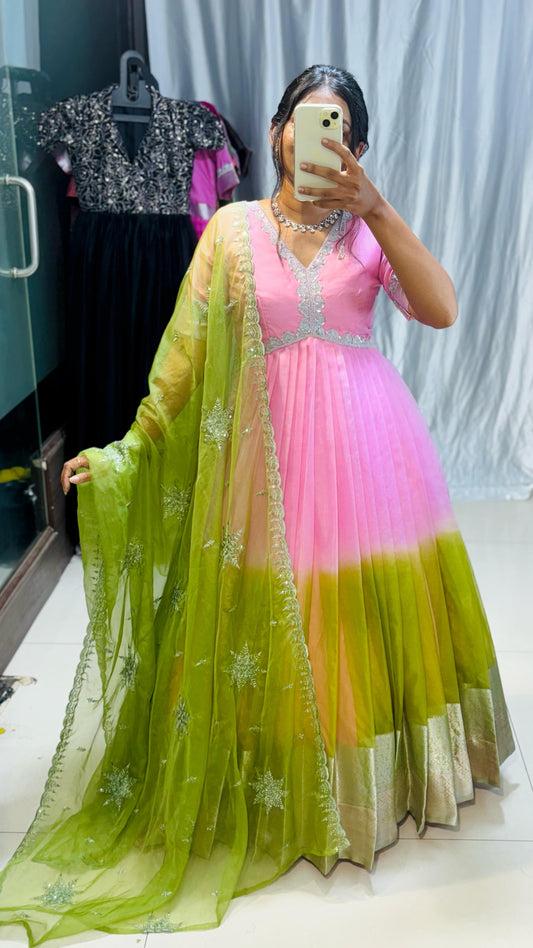 pink and green !!silver borders adding elegance paired with heavy embroidery duppta!