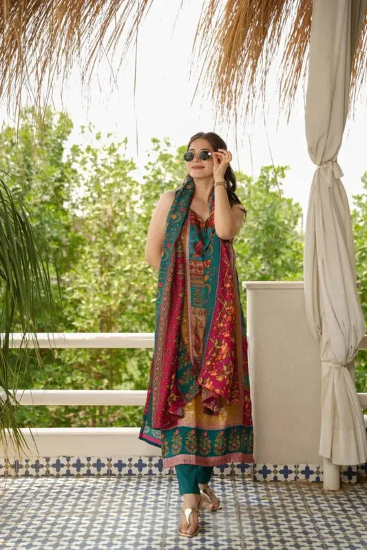 Glimmering Multi Color Printed Top With Dupatta Set
