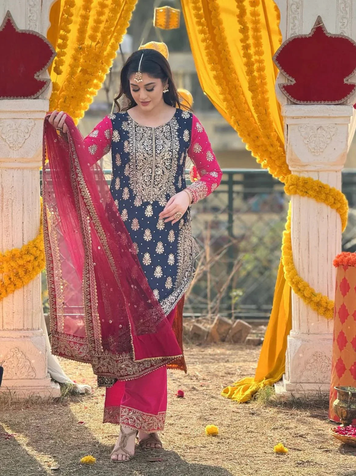 Navy Blue Color Heavy Embroidery Work Palazzo Suit