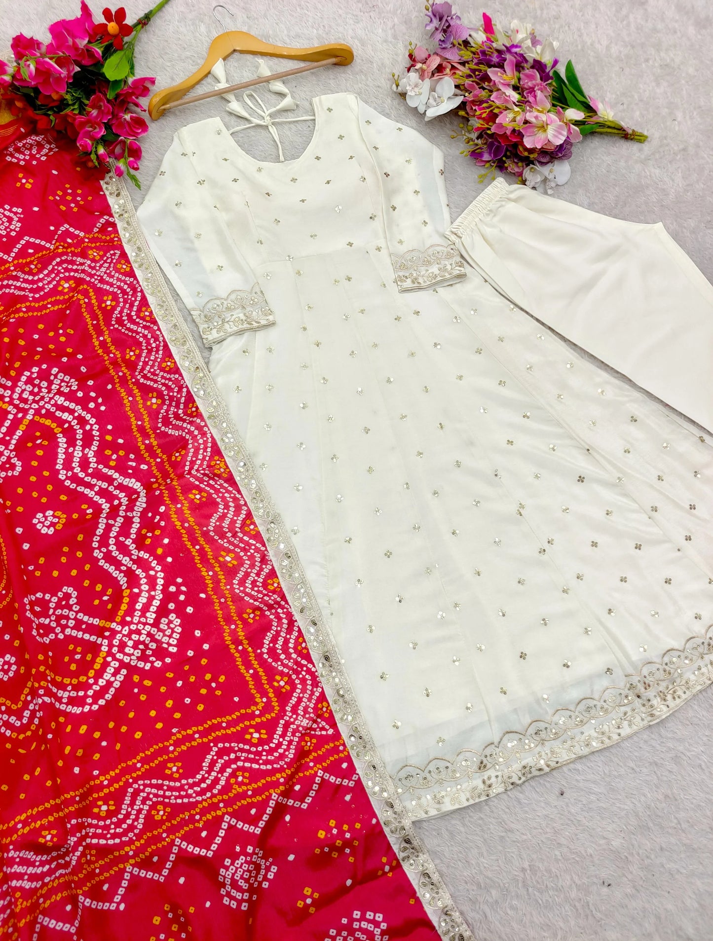 Beautiful Sequence Work White Gown With Bandhani Dupatta