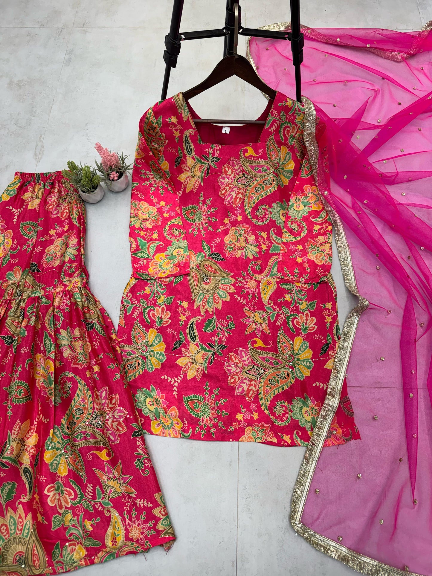 Delightful Embroidery Work Multi Pink Color Sharara Suit