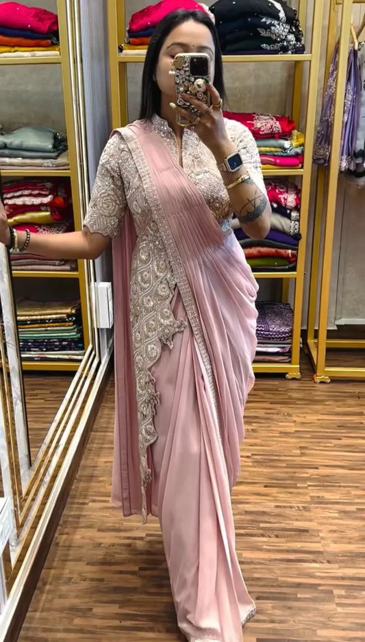 Classy Chinon Embroidery Work Peach Color Ready To Wear Sare