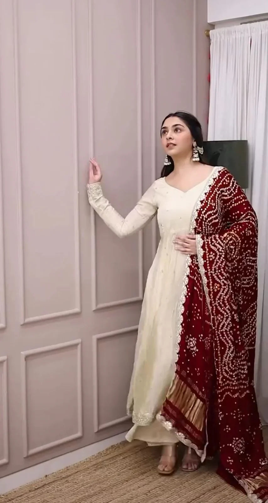 Beautiful Sequence Work White Gown With Bandhani Dupatta