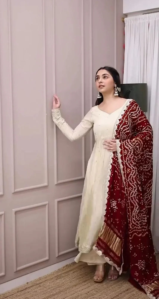 Beautiful Sequence Work White Gown With Bandhani Dupatta
