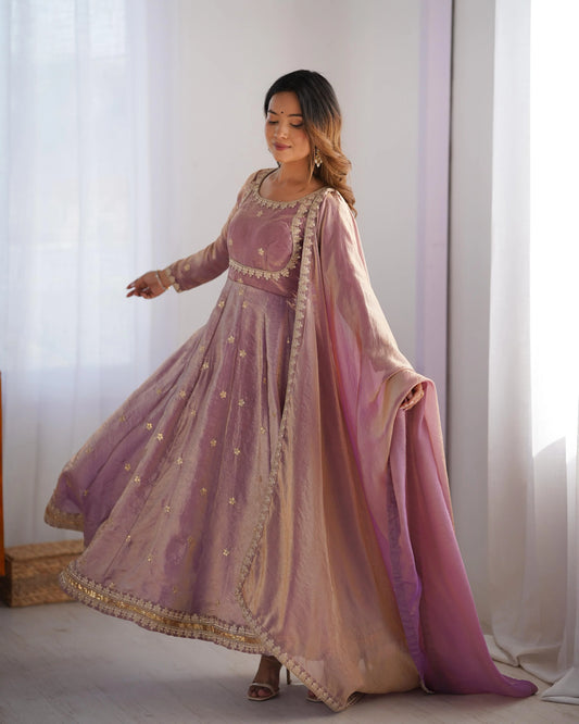 Fancy Sequins Work Pink Color Silk Gown