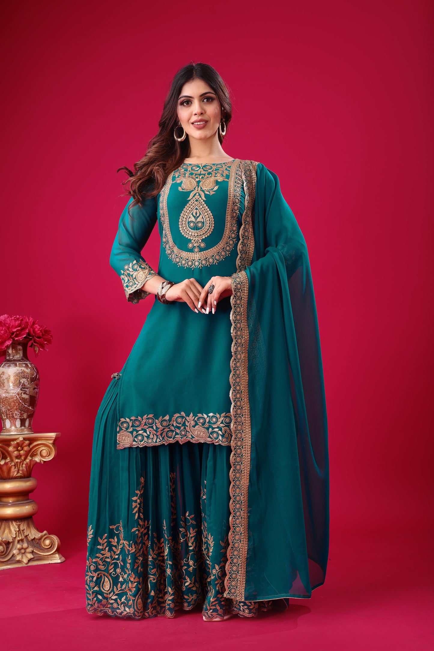 Traditional Wear Embroidery Work Teal Blue Color Sharara Suit
