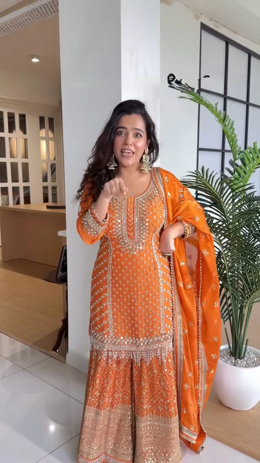Blissful Gorgette Sequence Work Orange Color Sharara Suit