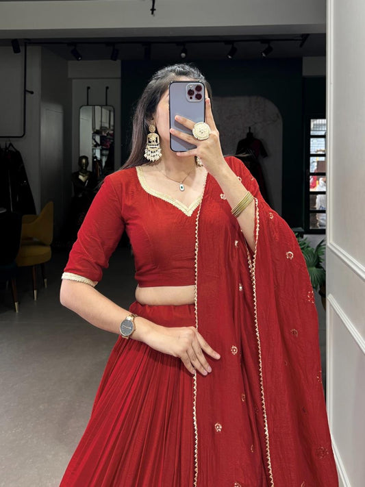Pure Chanderi Plain Lehenga with Intricate Zari Work Border,