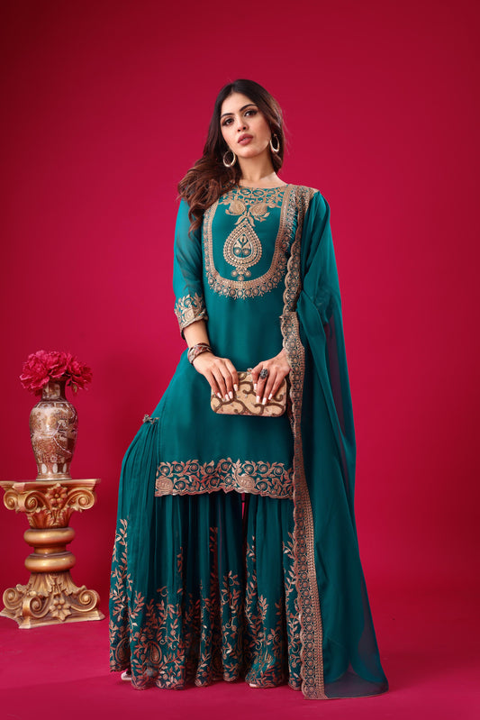 Traditional Wear Embroidery Work Teal Blue Color Sharara Suit