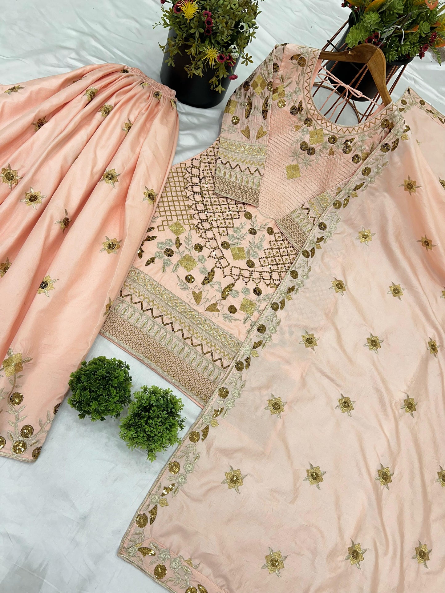 Elegant Jalpari Cotton Embroidery Work Peach Color Sharara Suit