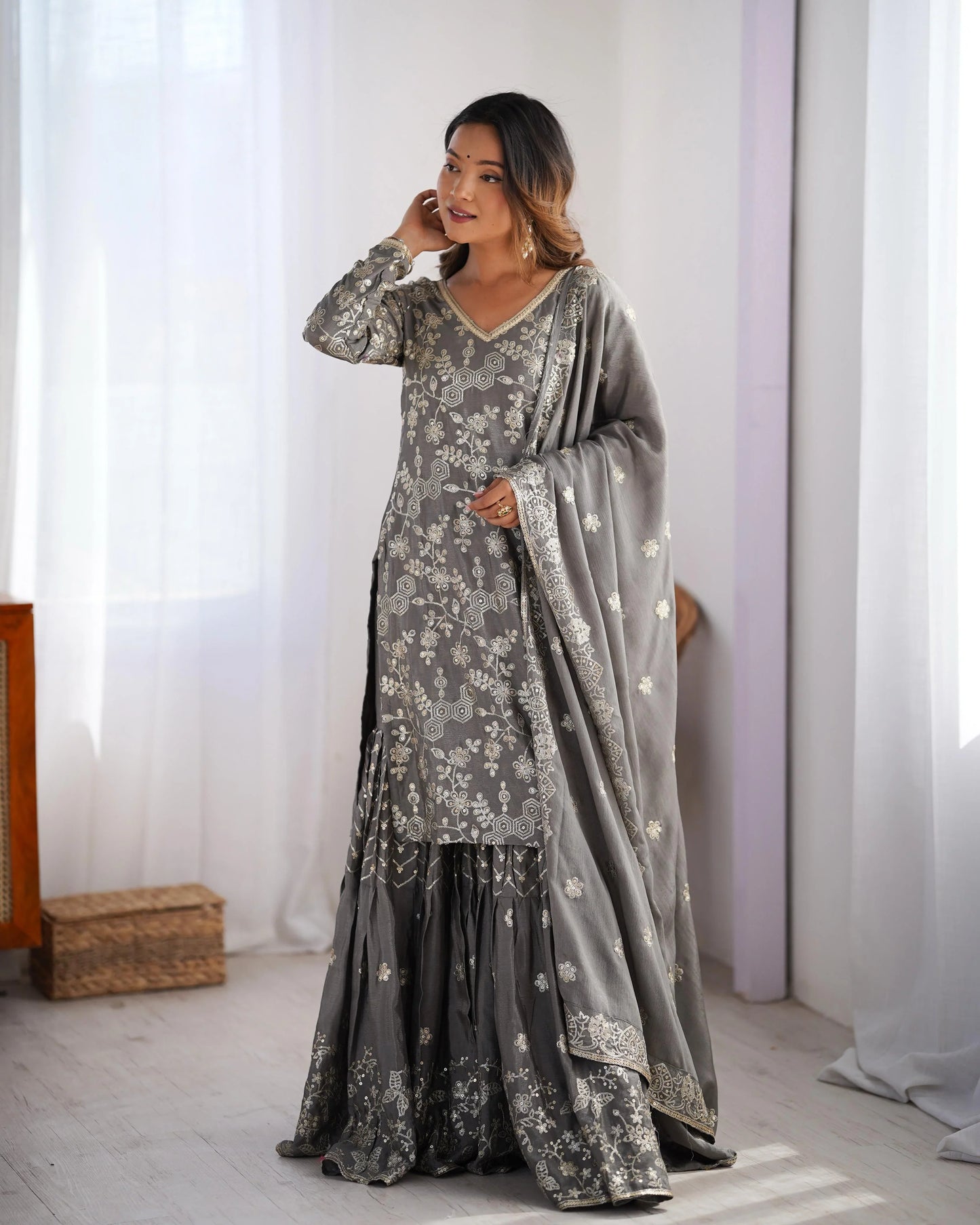 Grey Color Full Work Fabulous Sharara Suit