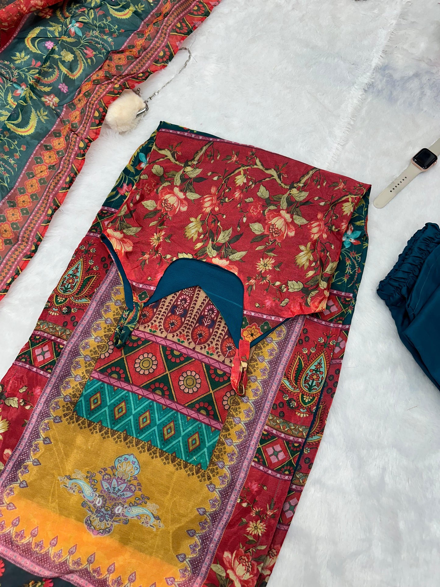 Glimmering Multi Color Printed Top With Dupatta Set