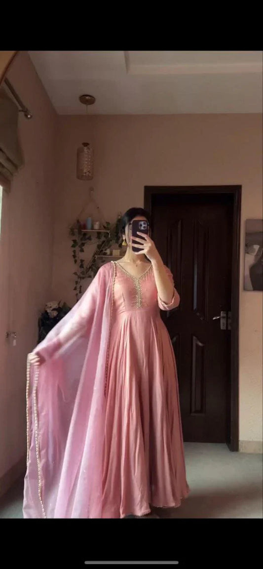 Stunning Embroidery Sequence Work Pink Color Gown