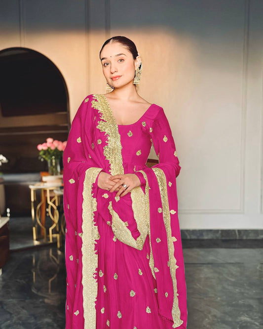 Good Looking Chinon Silk Pink Color Sequins Work Gown