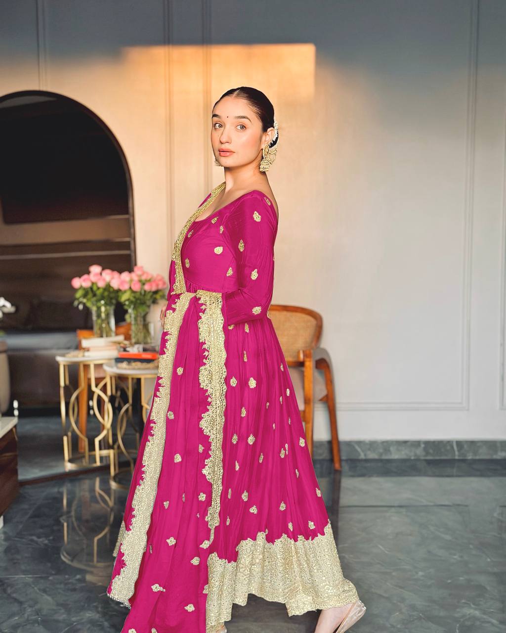 Good Looking Chinon Silk Pink Color Sequins Work Gown