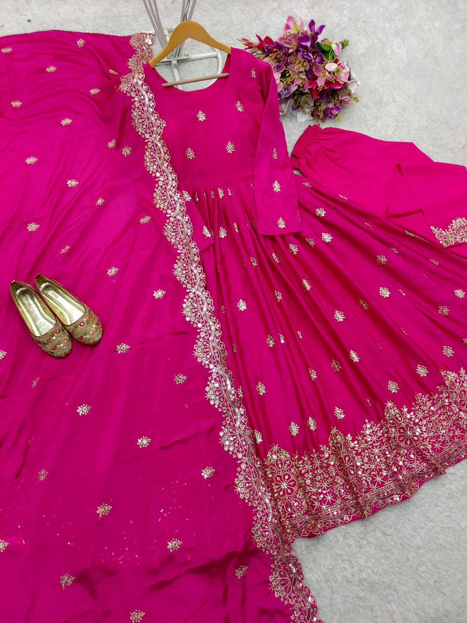 Good Looking Chinon Silk Pink Color Sequins Work Gown