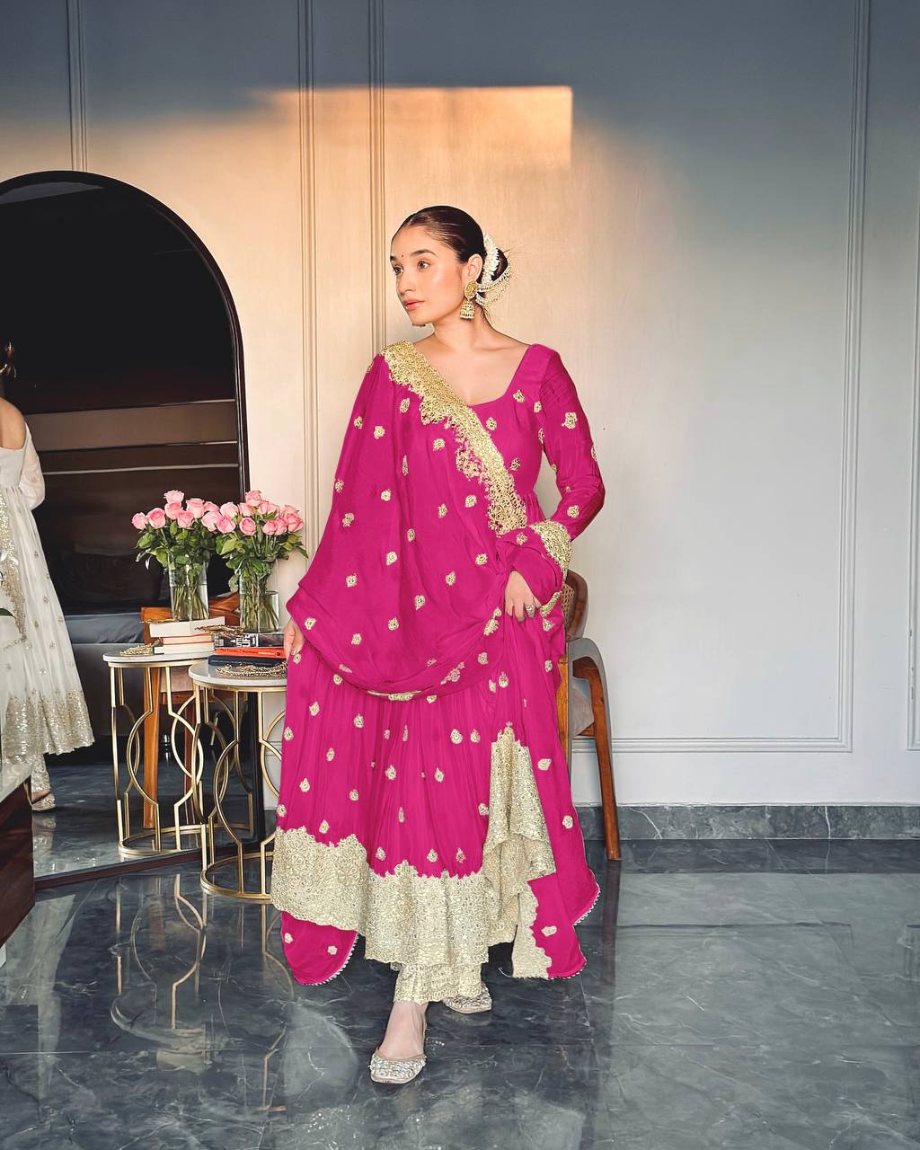 Good Looking Chinon Silk Pink Color Sequins Work Gown