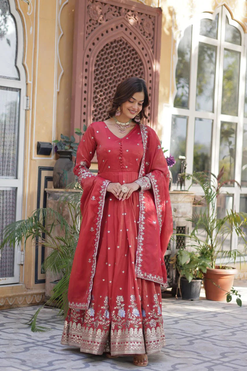 Fantastic Sequins Work Red Color Gown