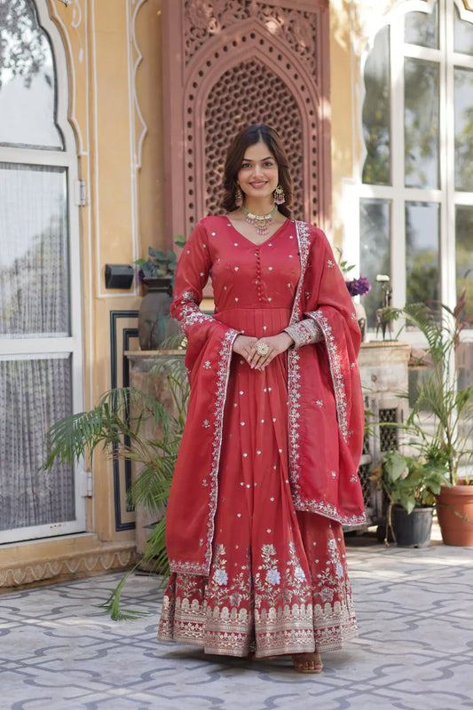 Fantastic Sequins Work Red Color Gown