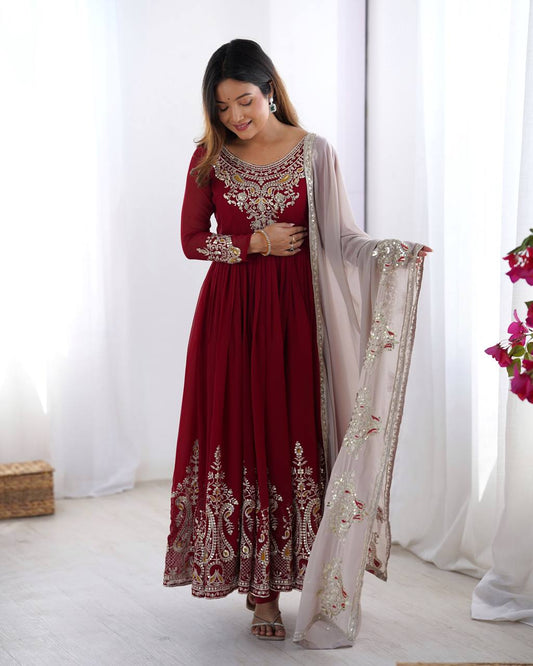 Beautiful Maroon Color Gown With White Dupatta