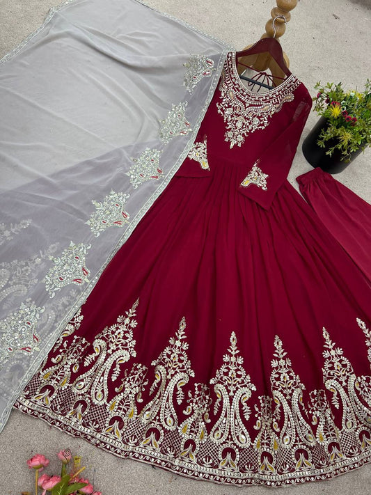 Beautiful Maroon Color Gown With White Dupatta