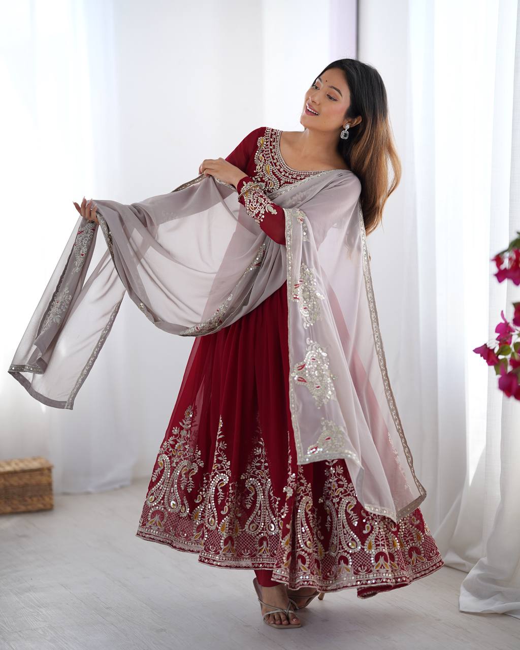 Beautiful Maroon Color Gown With White Dupatta