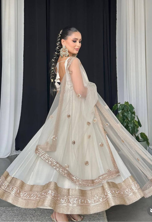 Attractive Sequins Work White Color Gown
