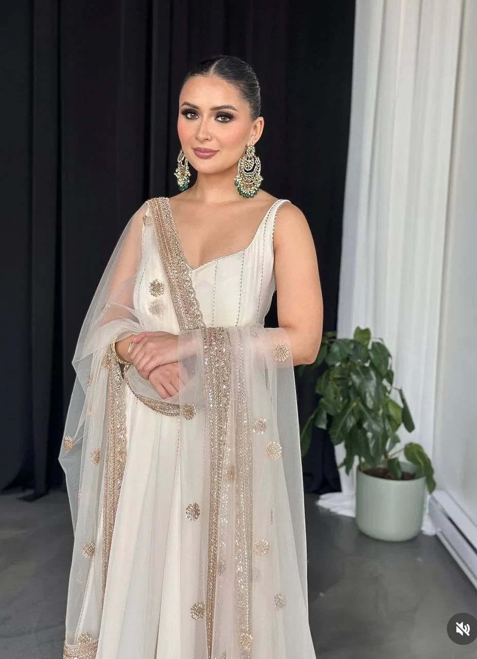 Attractive Sequins Work White Color Gown