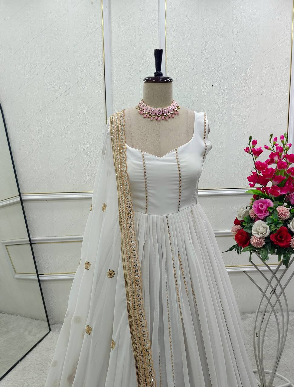 Attractive Sequins Work White Color Gown