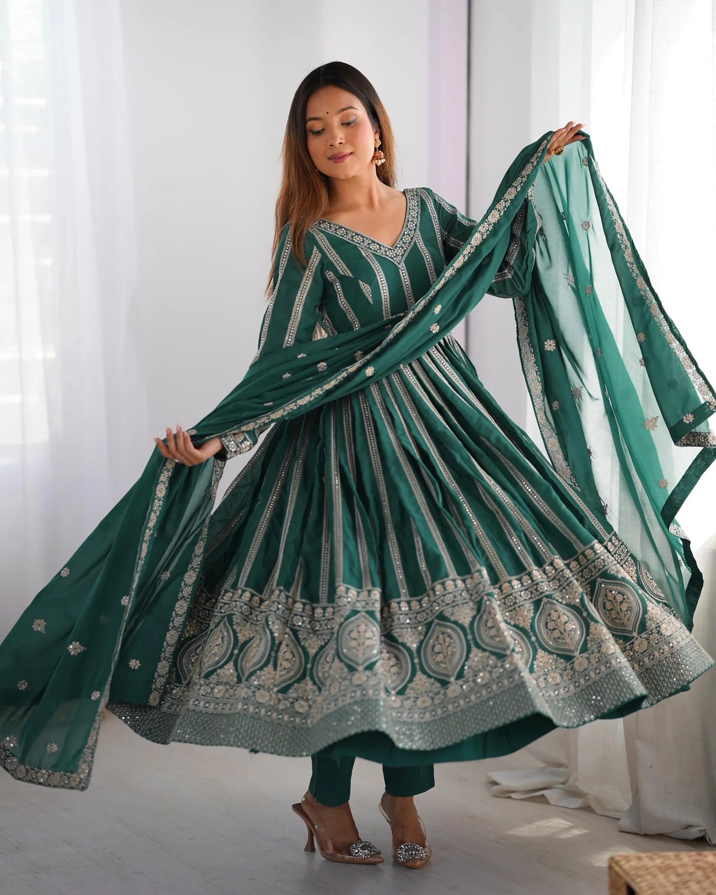 Wonderful Sequins Work Teal Green Color Gown