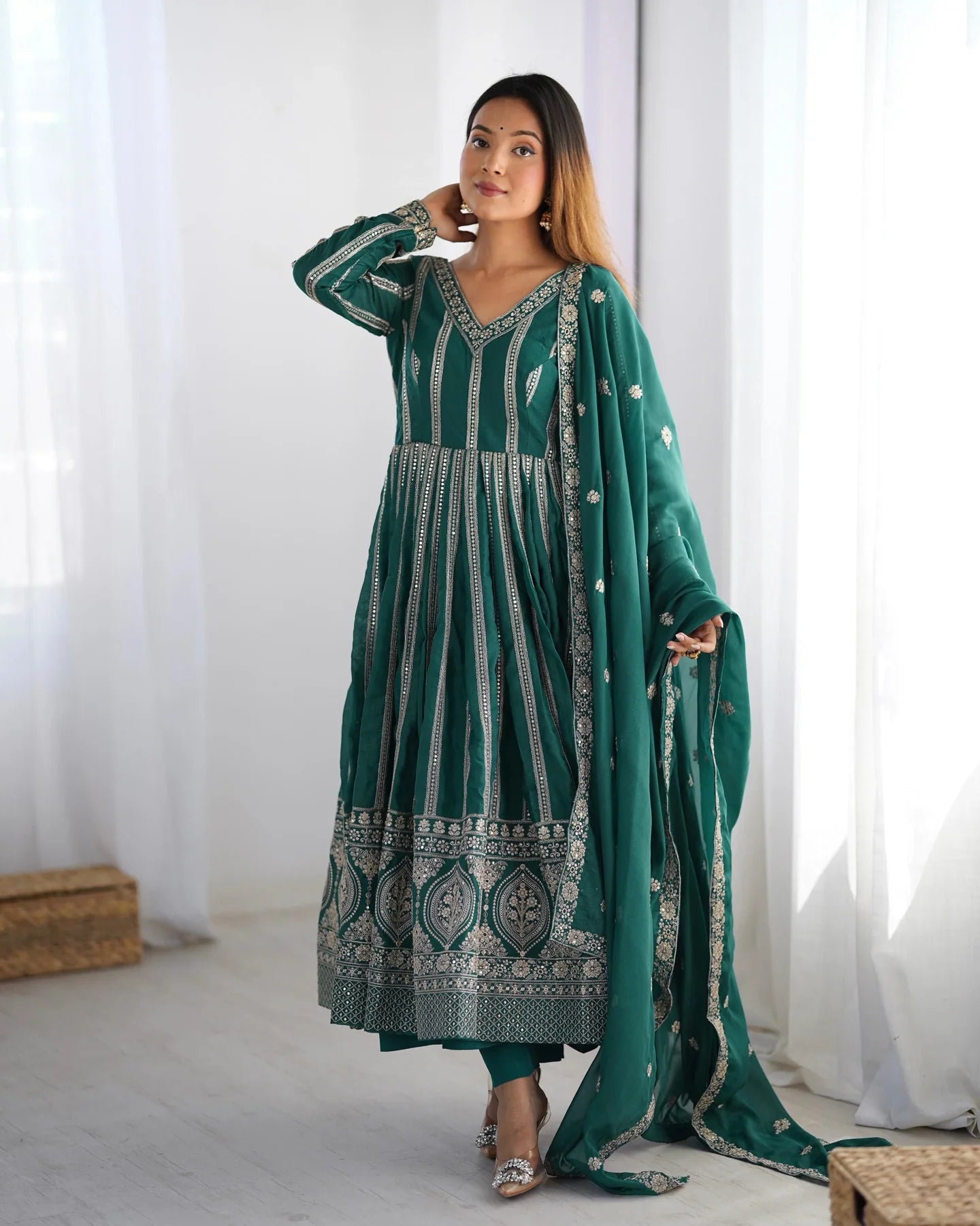 Wonderful Sequins Work Teal Green Color Gown