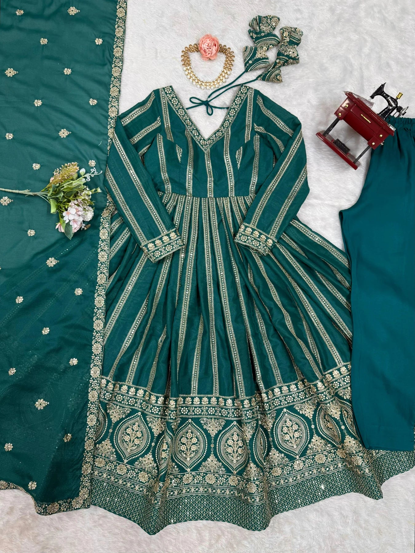 Wonderful Sequins Work Teal Green Color Gown