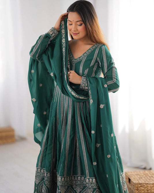 Wonderful Sequins Work Teal Green Color Gown