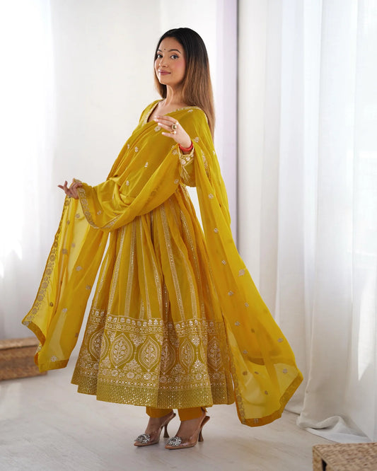 Wonderful Sequins Work Yellow Color Gown