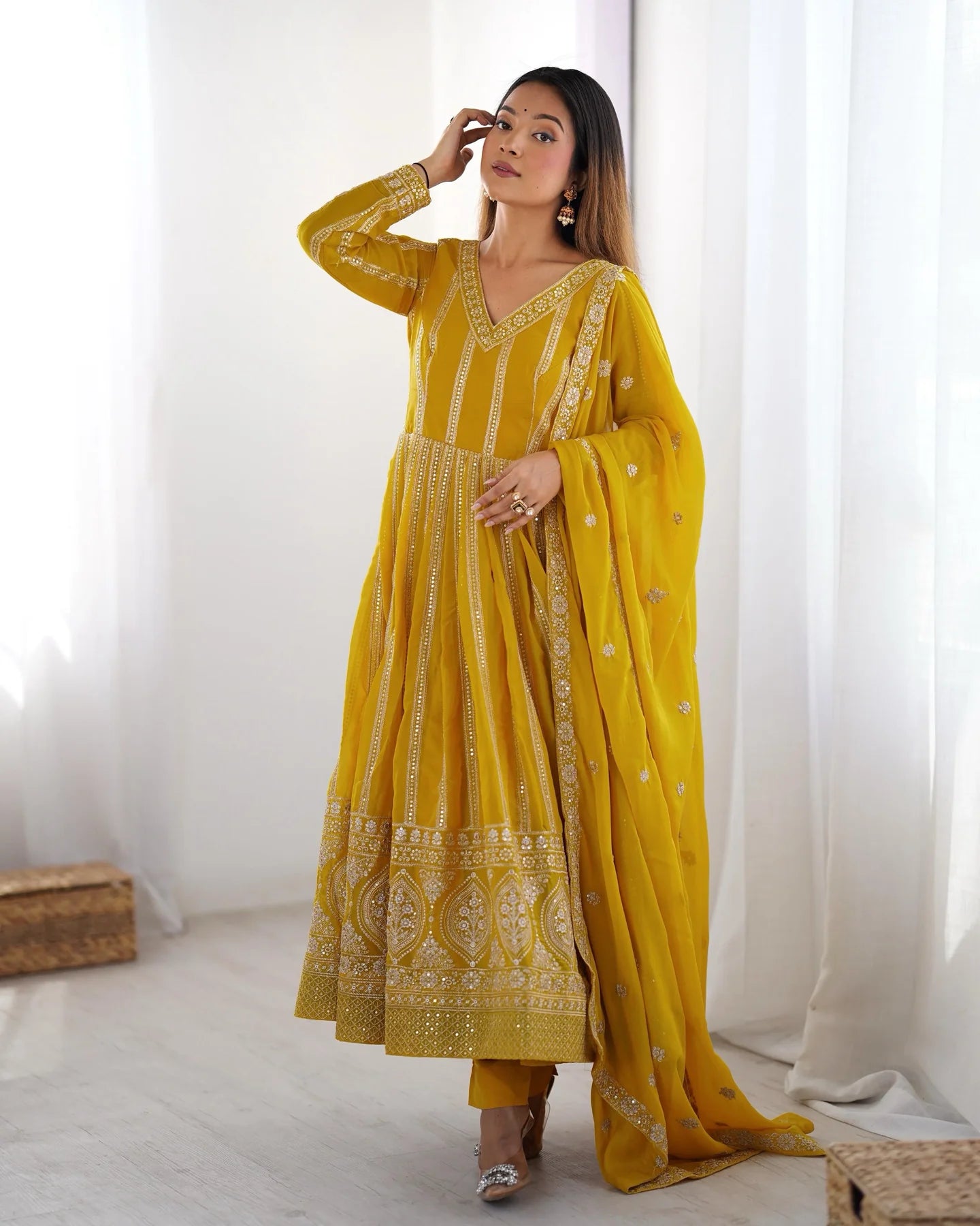 Wonderful Sequins Work Yellow Color Gown