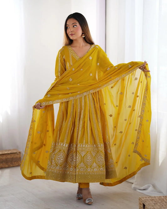 Wonderful Sequins Work Yellow Color Gown