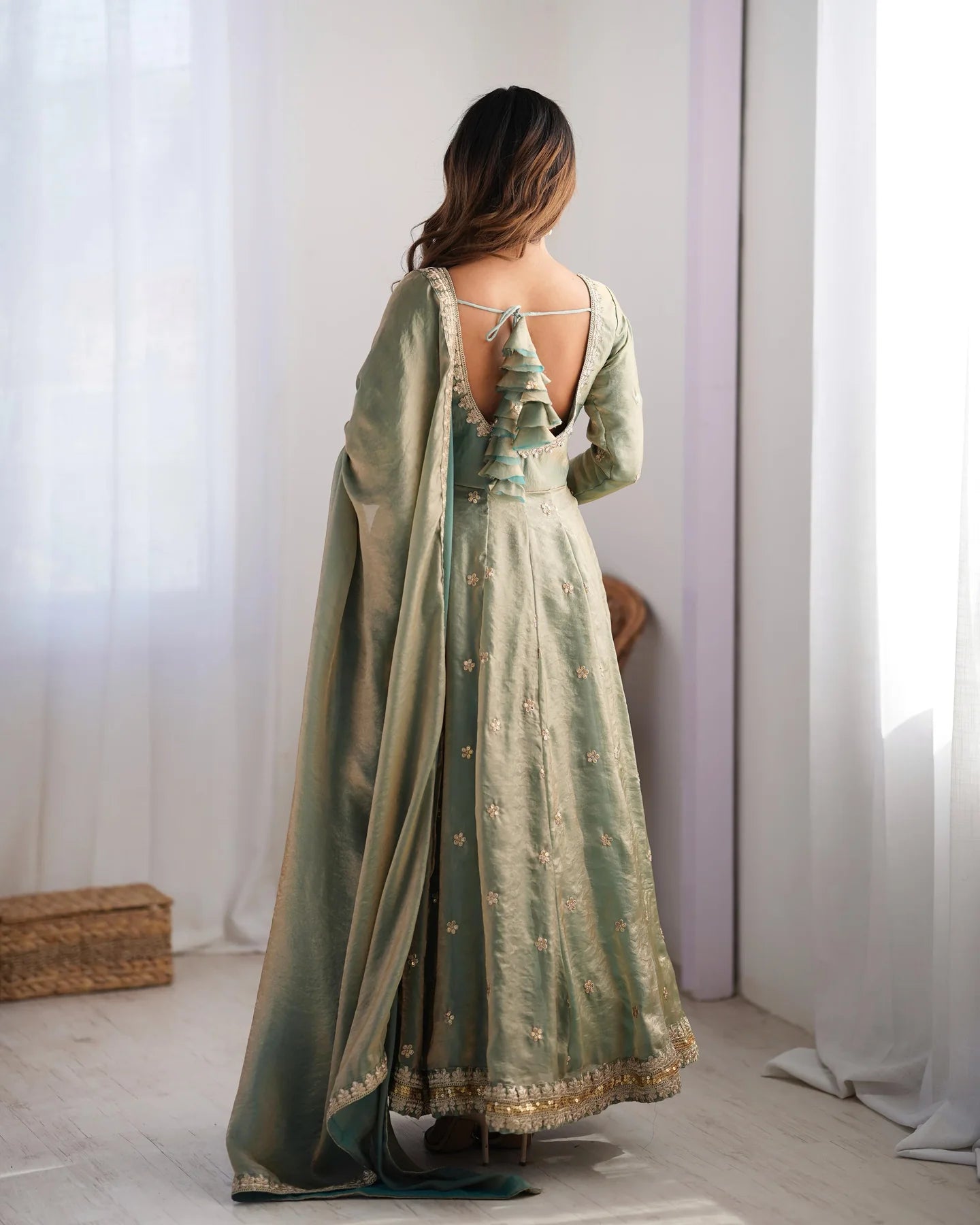 Fancy Sequins Work Green Color Silk Gown