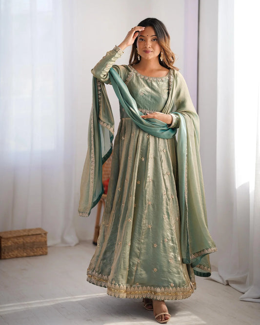 Fancy Sequins Work Green Color Silk Gown