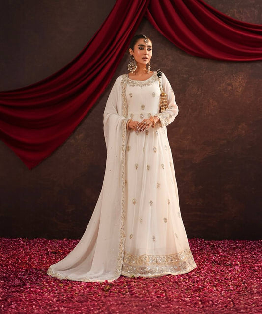 Good Looking Georgette Sequins Work White Color Gown