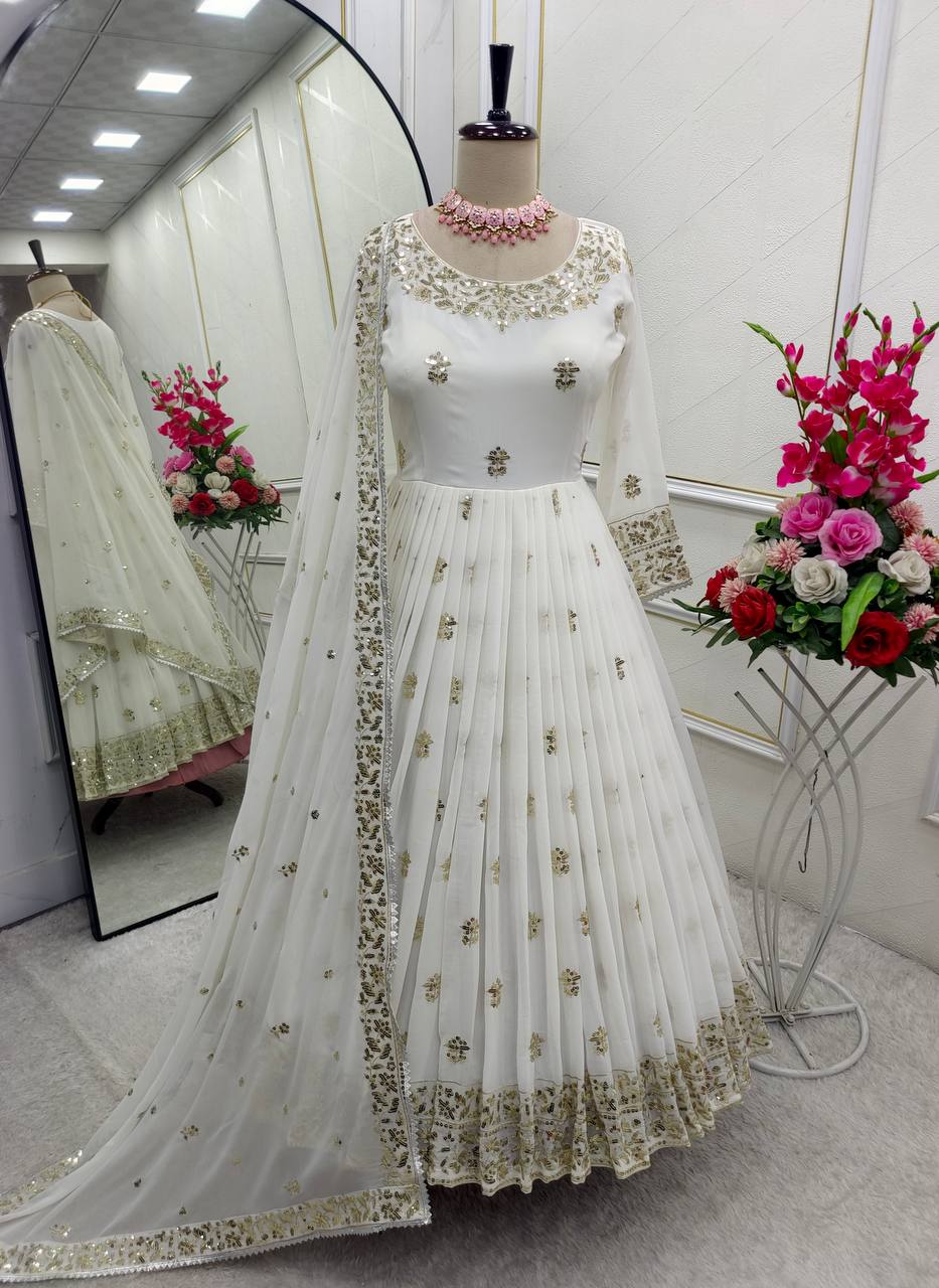Good Looking Georgette Sequins Work White Color Gown